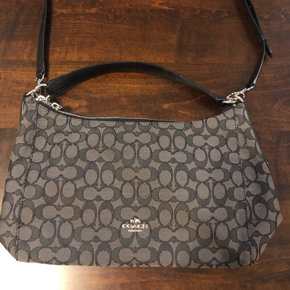 Coach Purse With Black Logo Print and Silver Hardware